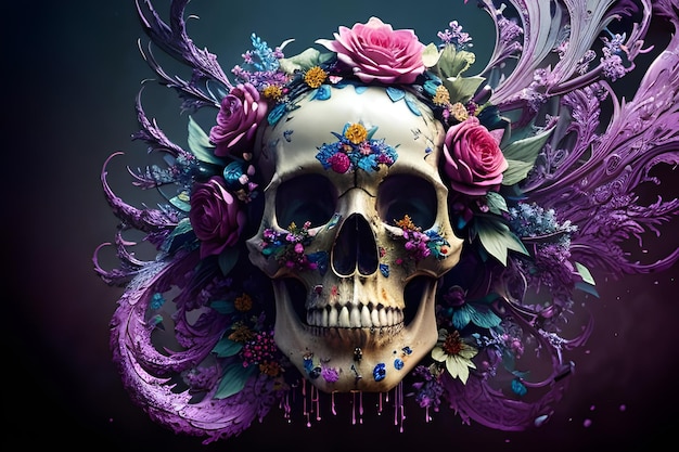 A skull with flowers and feathers on it