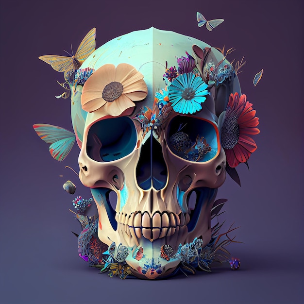 A skull with flowers on it and a butterfly on the bottom.