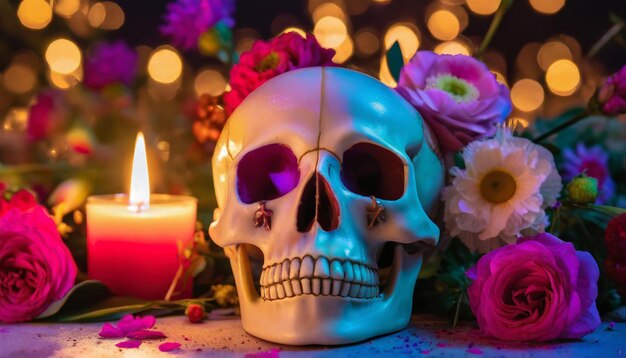 A skull with flowers on it and a candle in the background