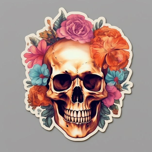 A skull with flowers on it is on a gray background.