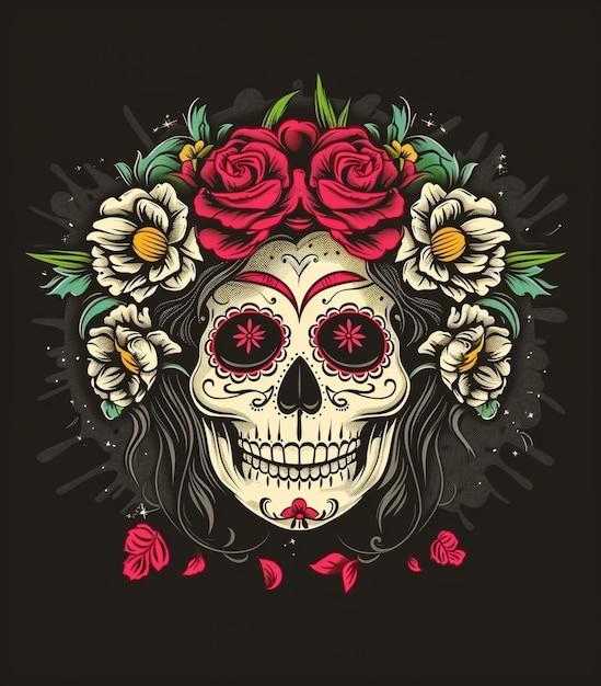 Photo a skull with flowers on it is painted on a black background