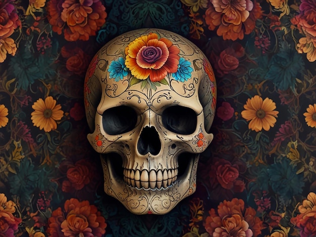 a skull with flowers on it is painted on a wall