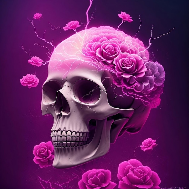 a skull with flowers on it is shown in a purple background