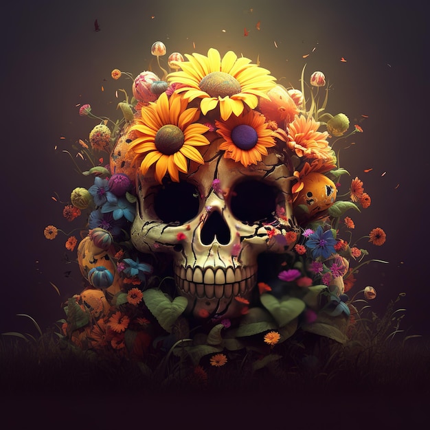 A skull with flowers on it and a large skull on the left