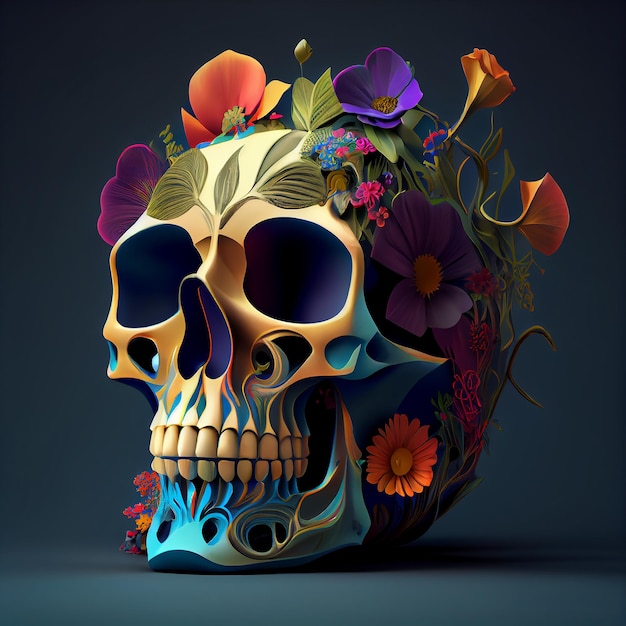 A skull with flowers on it and a skull on the bottom.