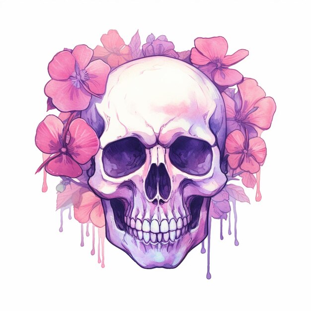 skull with flowers in its mouth and a white background generative ai