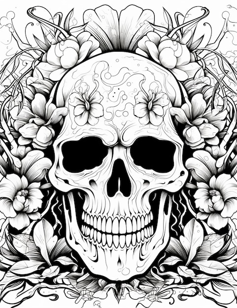 a skull with flowers and leaves in the background generative ai