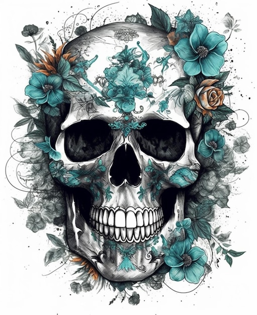 a skull with flowers and leaves on it generative ai