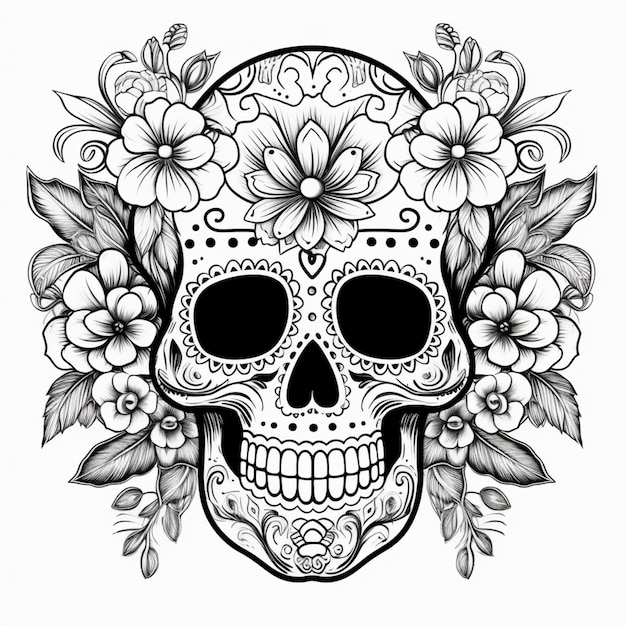 A skull with flowers and leaves on it generative ai