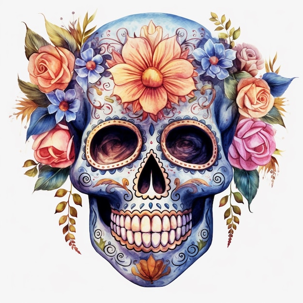 Skull with flowers and leaves on its head generative ai