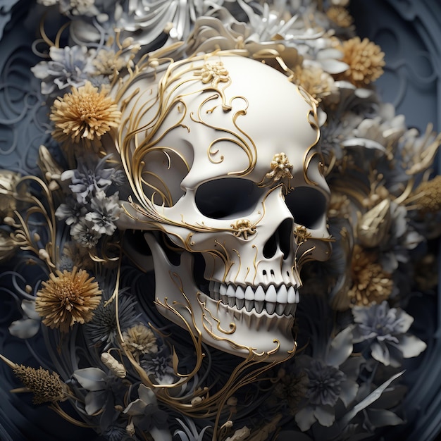 a skull with flowers and a skull on it is made of silver and gold.