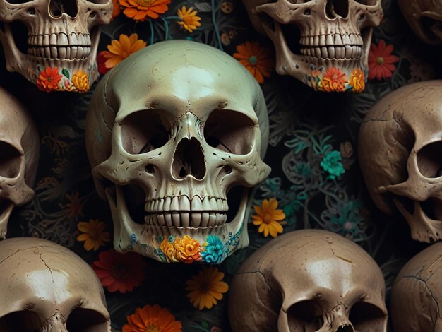 a skull with flowers and a skull on it