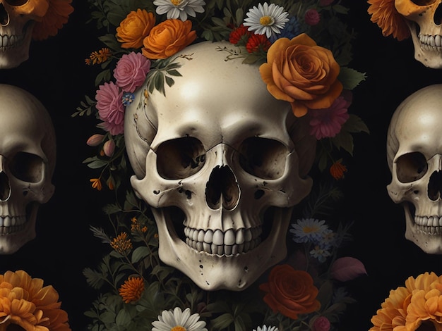 a skull with flowers and a skull on it