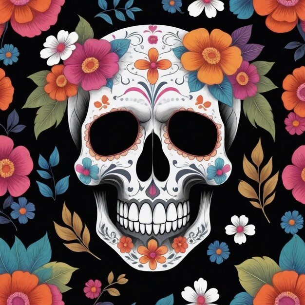 a skull with flowers and a skull on it