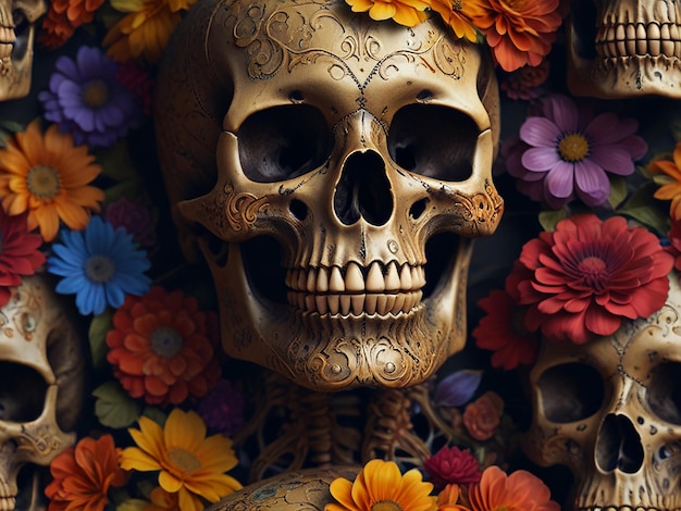 a skull with flowers and a skull with a floral design on it