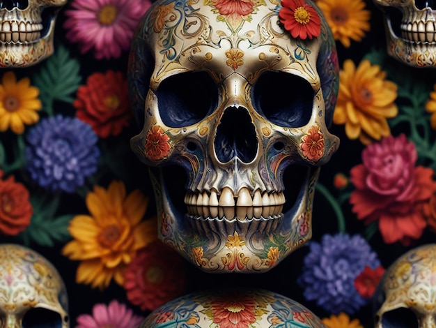 a skull with flowers and a skull with a skull on it