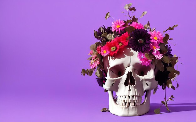 Photo skull with flowers spooky creative for dia de los muertos day of the dead halloween