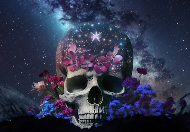 A skull with flowers and a star on it