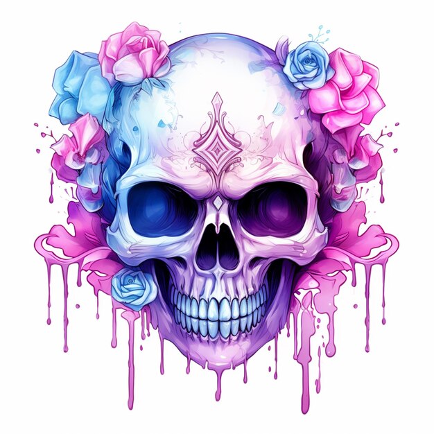 skull with flowers and watercolor paint on it generative ai