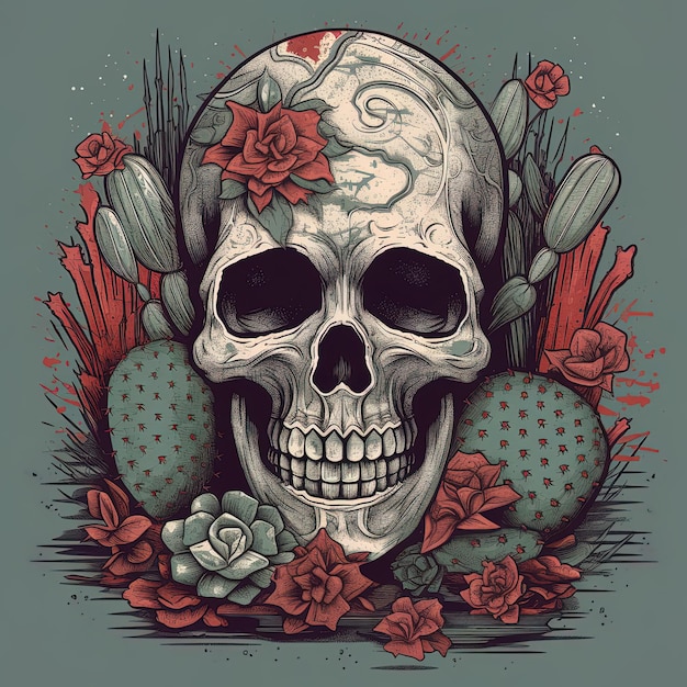 A skull with a flowery background and a cactus in the middle.