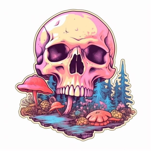 a skull with a forest and mushrooms in the background generative ai