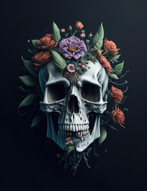 Skull with germinated flowers on dark background Generative AI