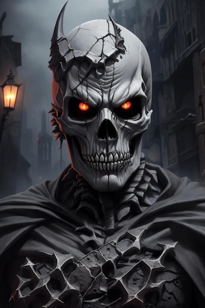 A skull with glowing eyes and a black cape.