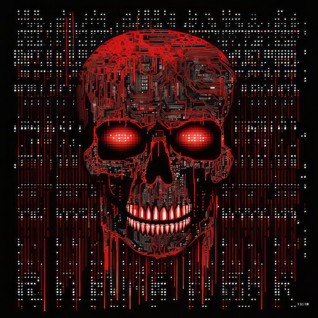 a skull with glowing red eyes on a black background