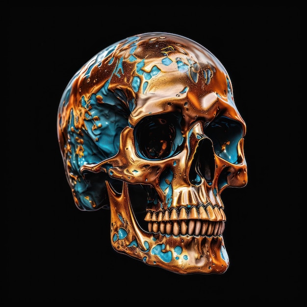A skull with gold and blue paint and the word skull on it