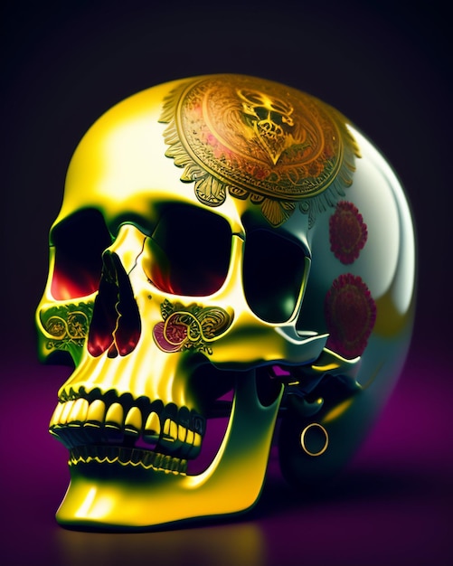 A skull with a gold emblem on it