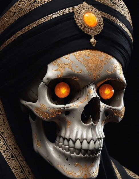 a skull with gold eyes and a black hat with gold accents