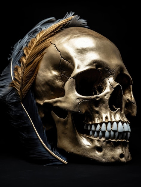 Photo a skull with a gold feather on it generative ai