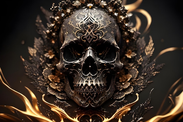 A skull with a gold leaf pattern on it