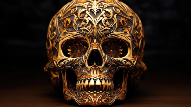 a skull with a gold pattern on its face.