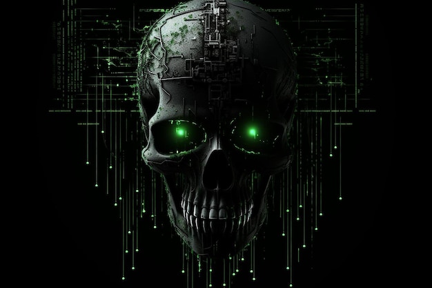 緑色の目と黒い背景に緑色の LED が付いた頭蓋骨。