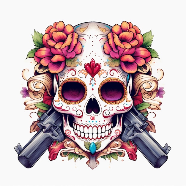 skull with guns and roses tattoo design generative ai