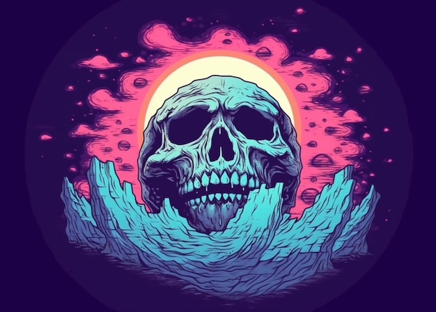 A skull with a hand on its face in front of a sunset generative ai