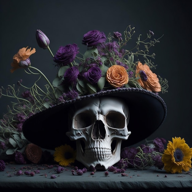 A skull with a hat and flowers on it