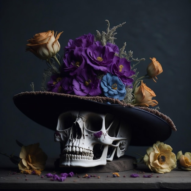 A skull with a hat and flowers on it