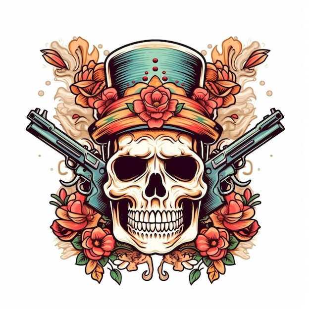 skull with hat and guns tattoo style generative ai