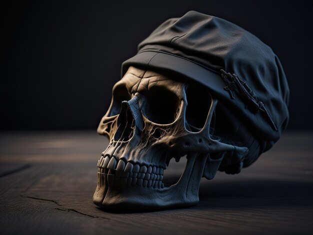 A skull with a hat on it is on a table.