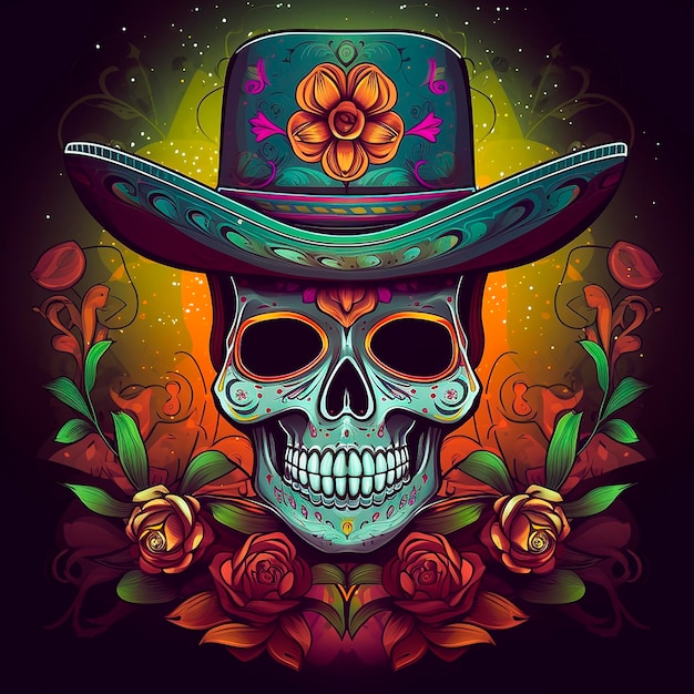 A skull with a hat and roses on it