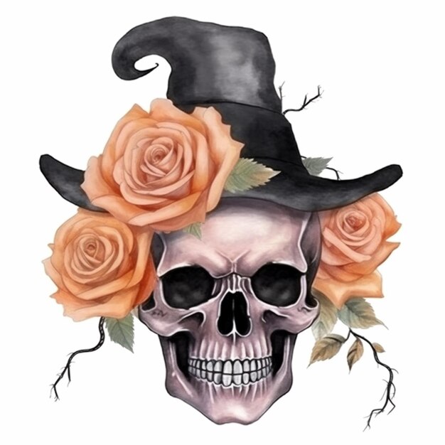 skull with hat and roses watercolor painting generative ai