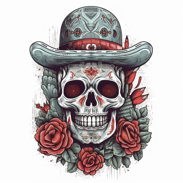 A skull with a hat and roses.