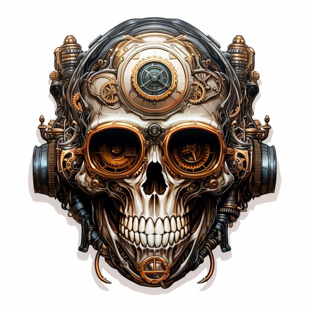 Photo skull with headphones and gears on its face generative ai