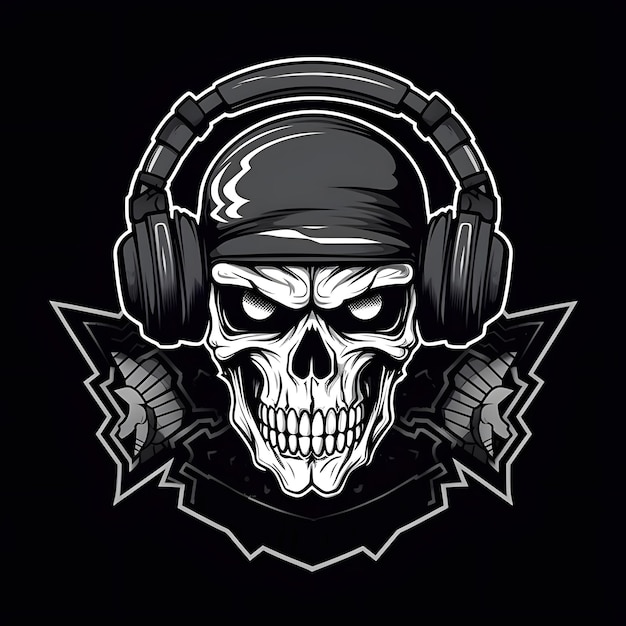 A skull with headphones on it and a logo for a dj.