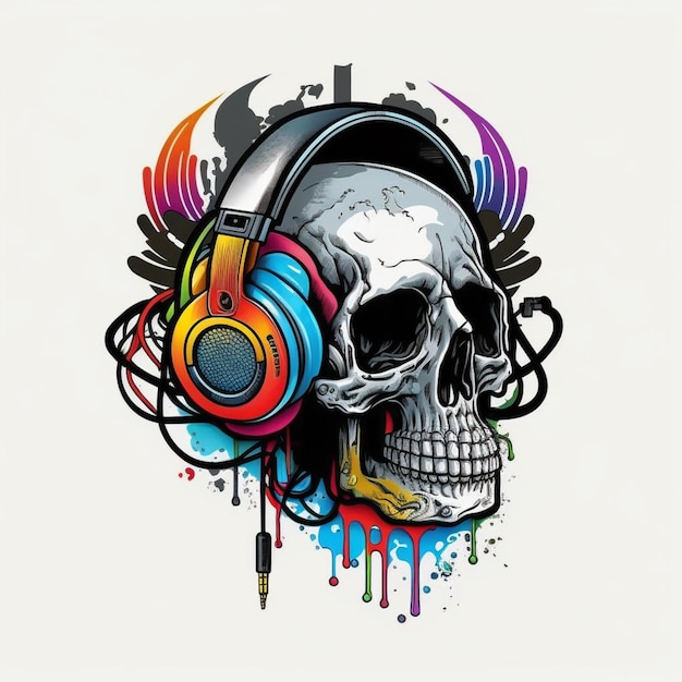 a skull with headphones and a paint splattered background generative ai