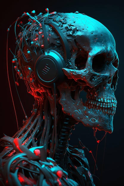 A skull with headphones and a red and blue background.