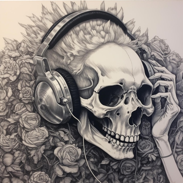 Skull with headphones and roses drawing by artist generative ai
