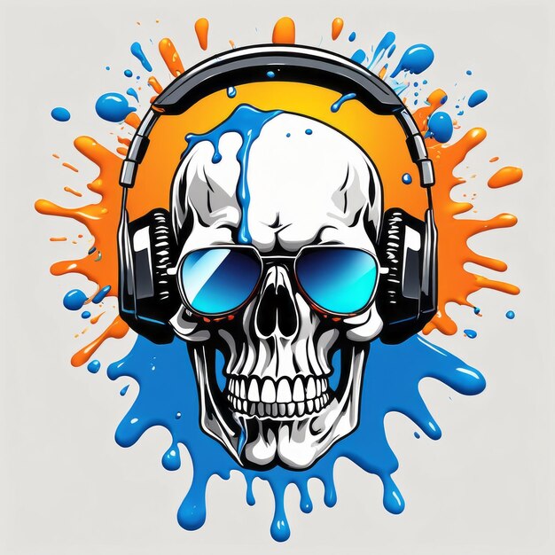 Skull with headphones with splash tshirts design created with generative ai software